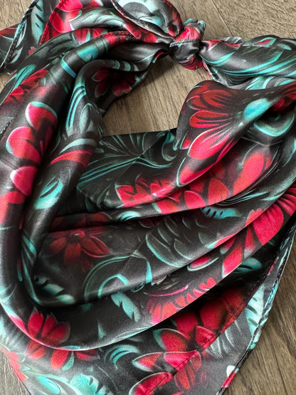 100% Silk Bandana Cranberry Red and Teal