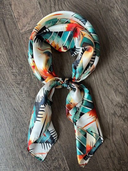 100% Silk Bandana Aztec Native Orange Teal and White