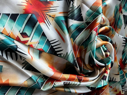 100% Silk Bandana Aztec Native Orange Teal and White