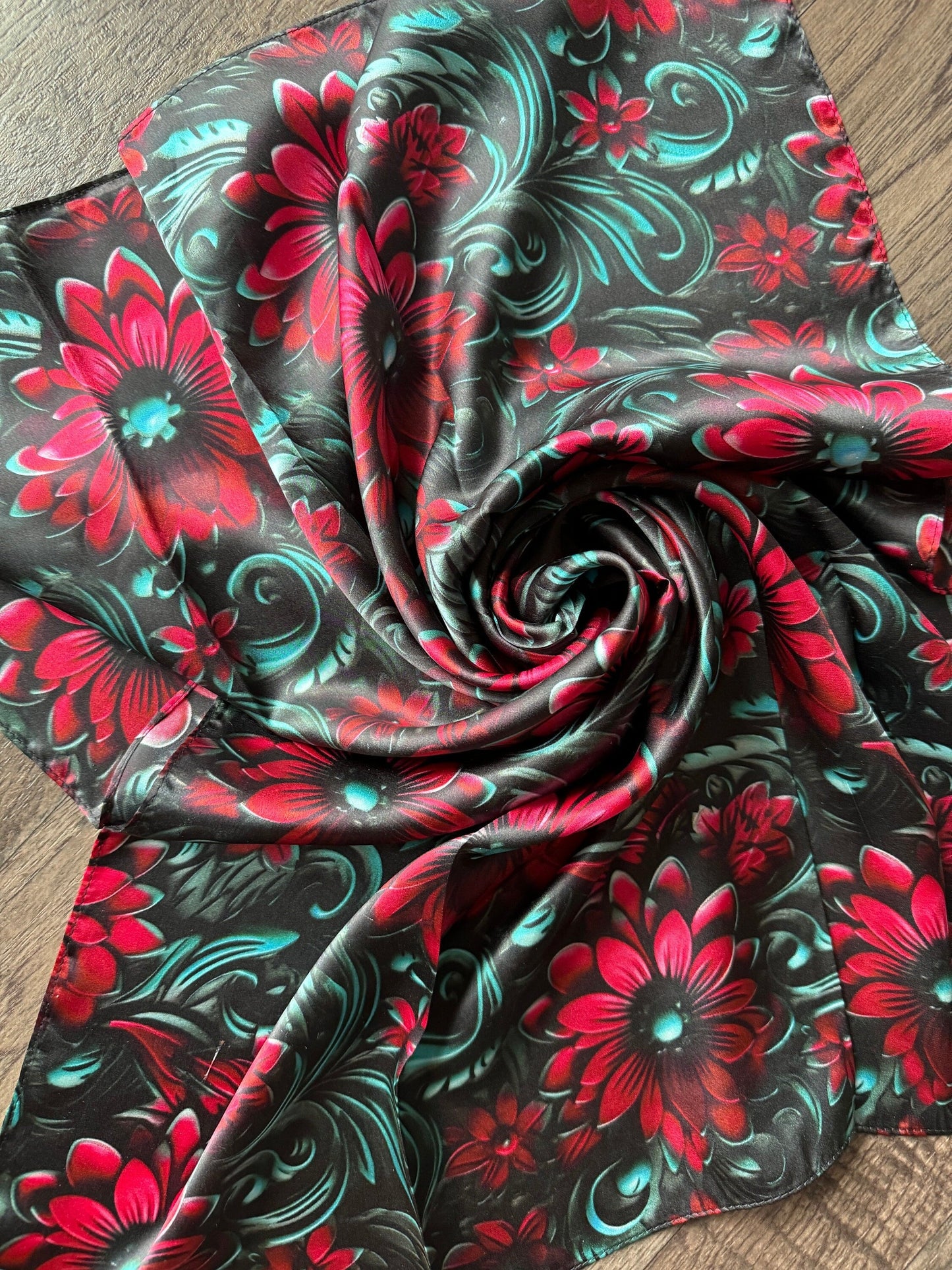 100% Silk Bandana Cranberry Red and Teal