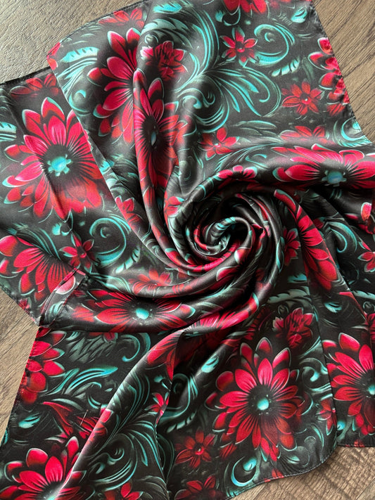 100% Silk Bandana Cranberry Red and Teal