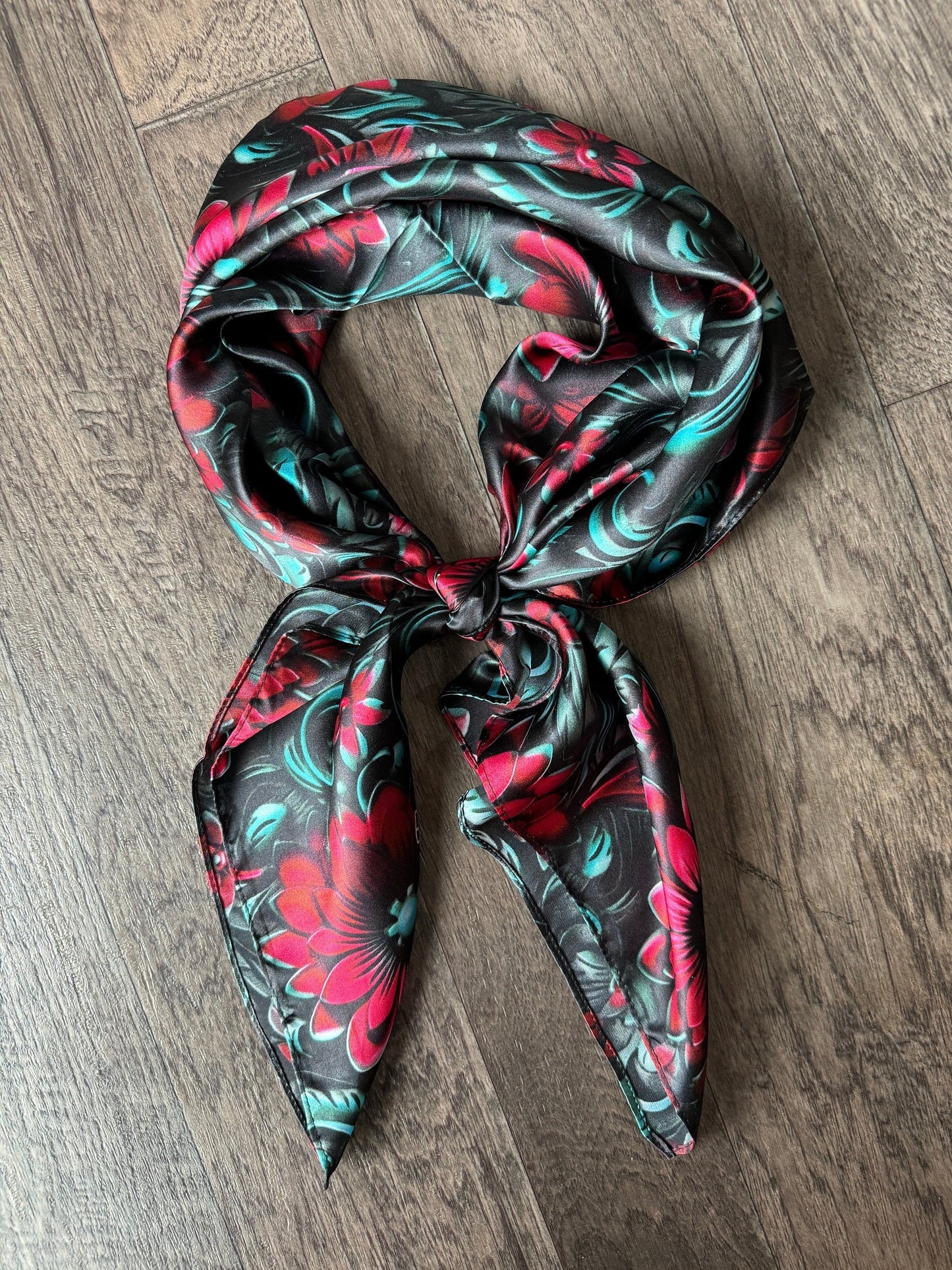 100% Silk Bandana Cranberry Red and Teal