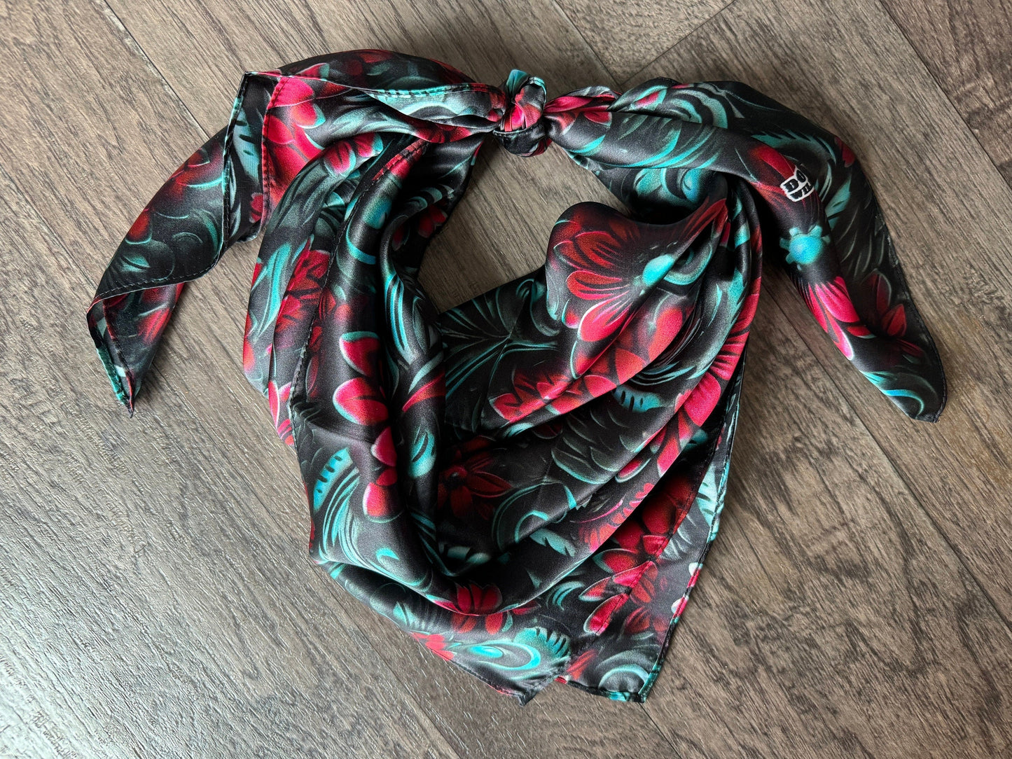 100% Silk Bandana Cranberry Red and Teal