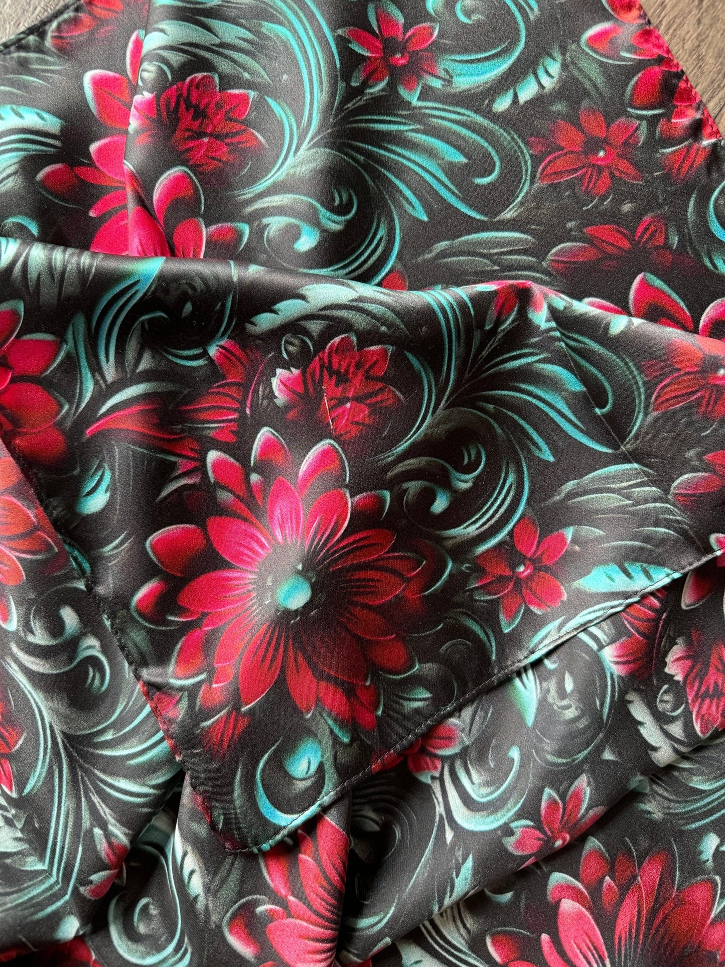 100% Silk Bandana Cranberry Red and Teal
