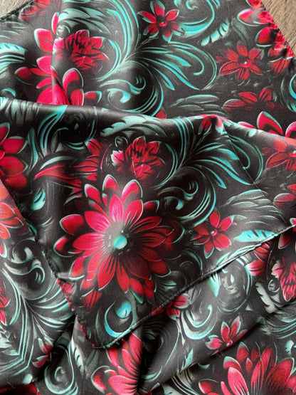100% Silk Bandana Cranberry Red and Teal