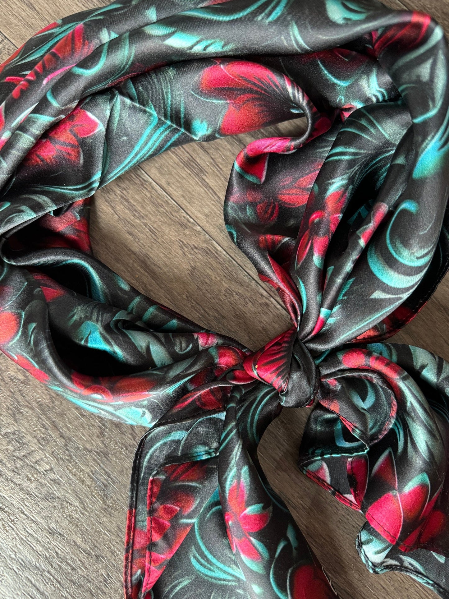 100% Silk Bandana Cranberry Red and Teal