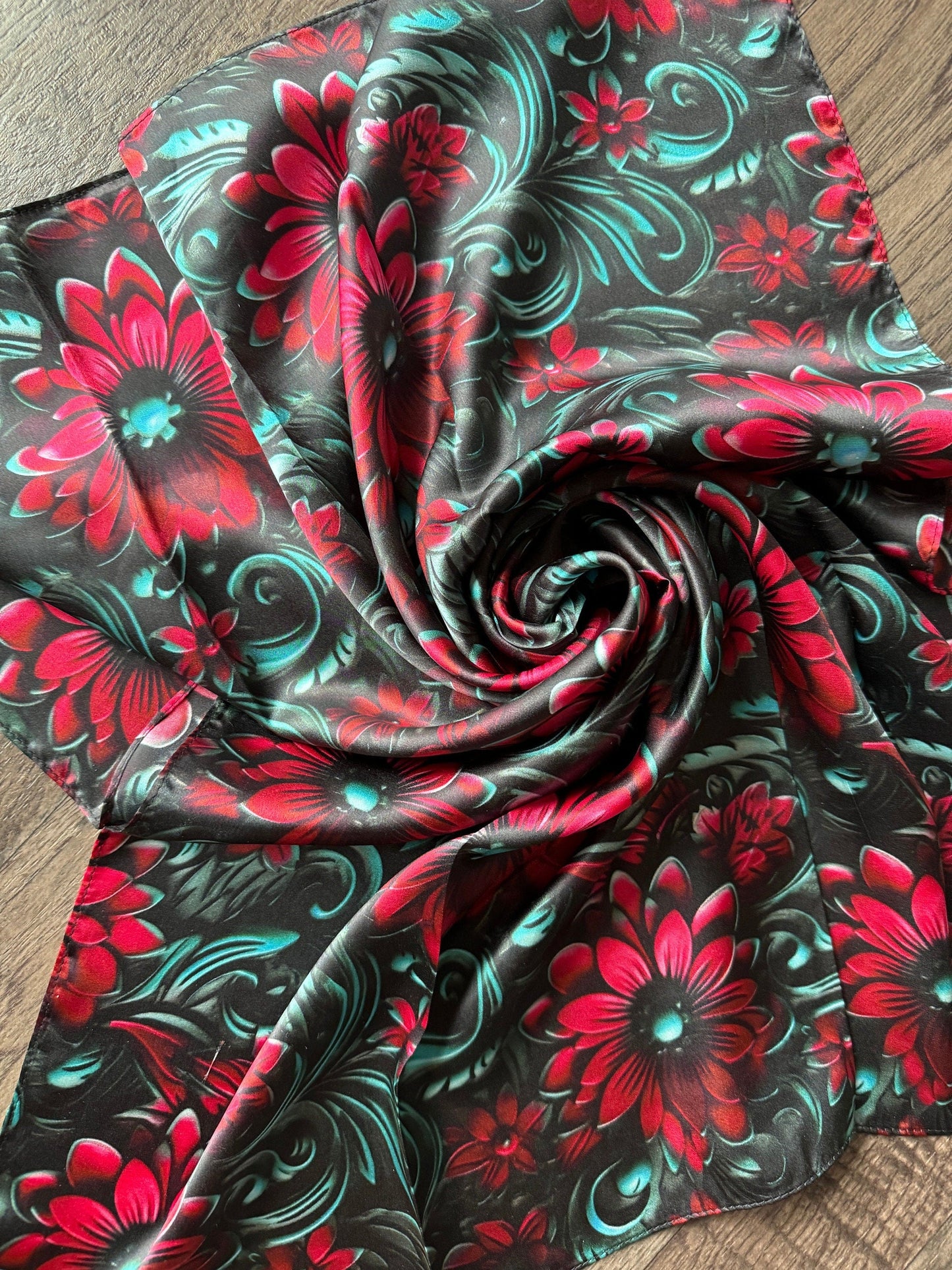 100% Silk Bandana Cranberry Red and Teal