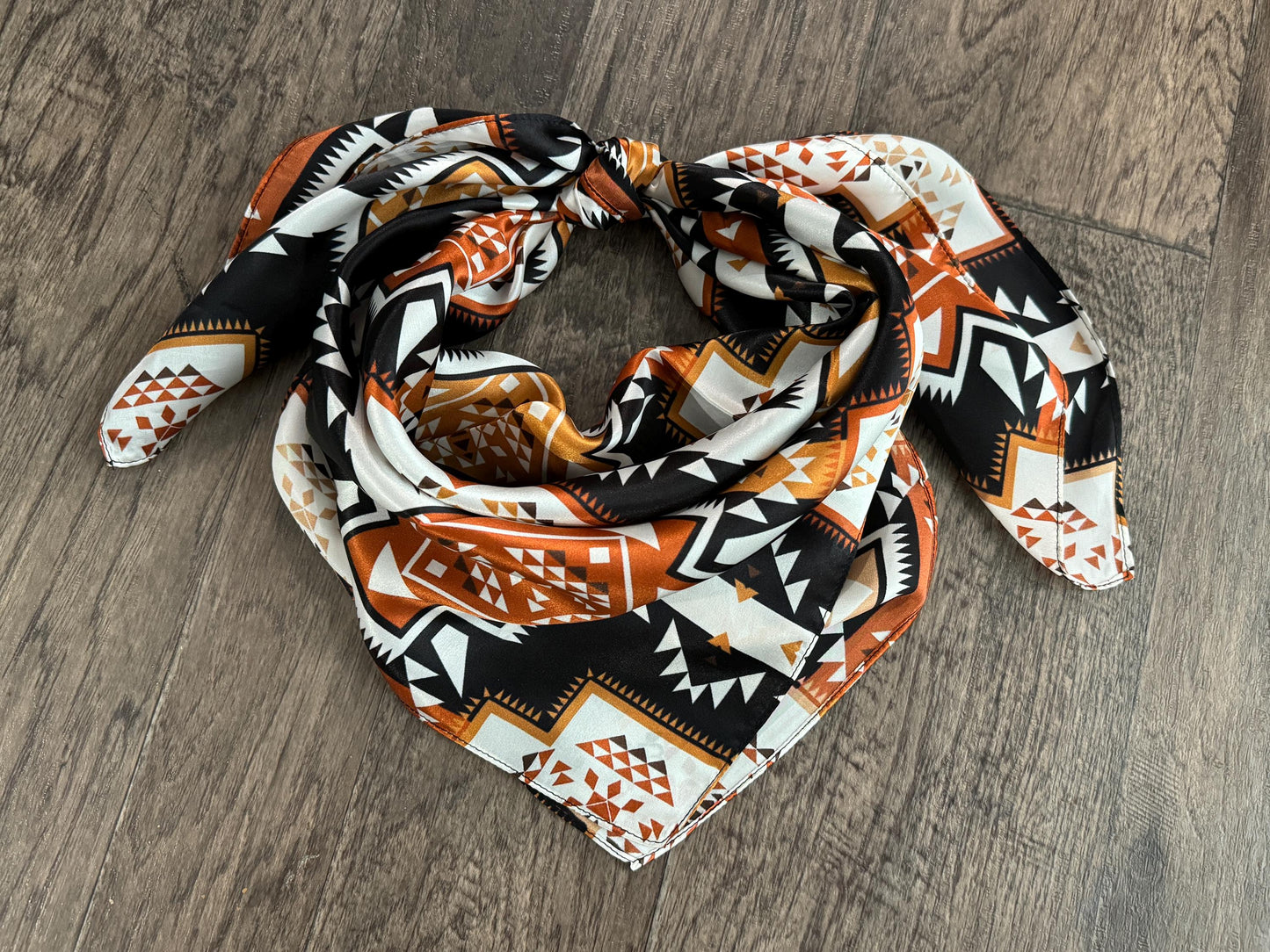100% Silk Bandana Aztec inspired pattern of brown, black, and white