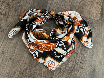 100% Silk Bandana Aztec inspired pattern of brown, black, and white