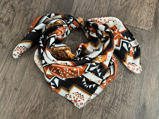 100% Silk Bandana Aztec inspired pattern of brown, black, and white