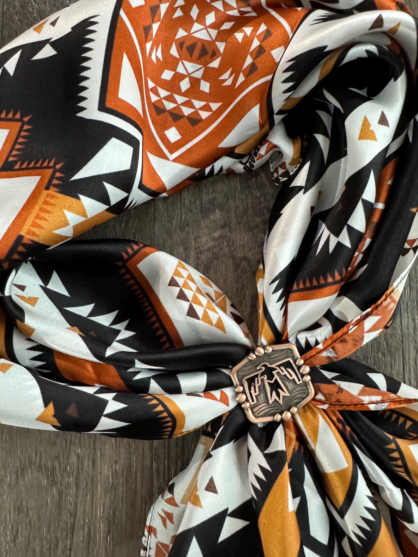 100% Silk Bandana Aztec inspired pattern of brown, black, and white