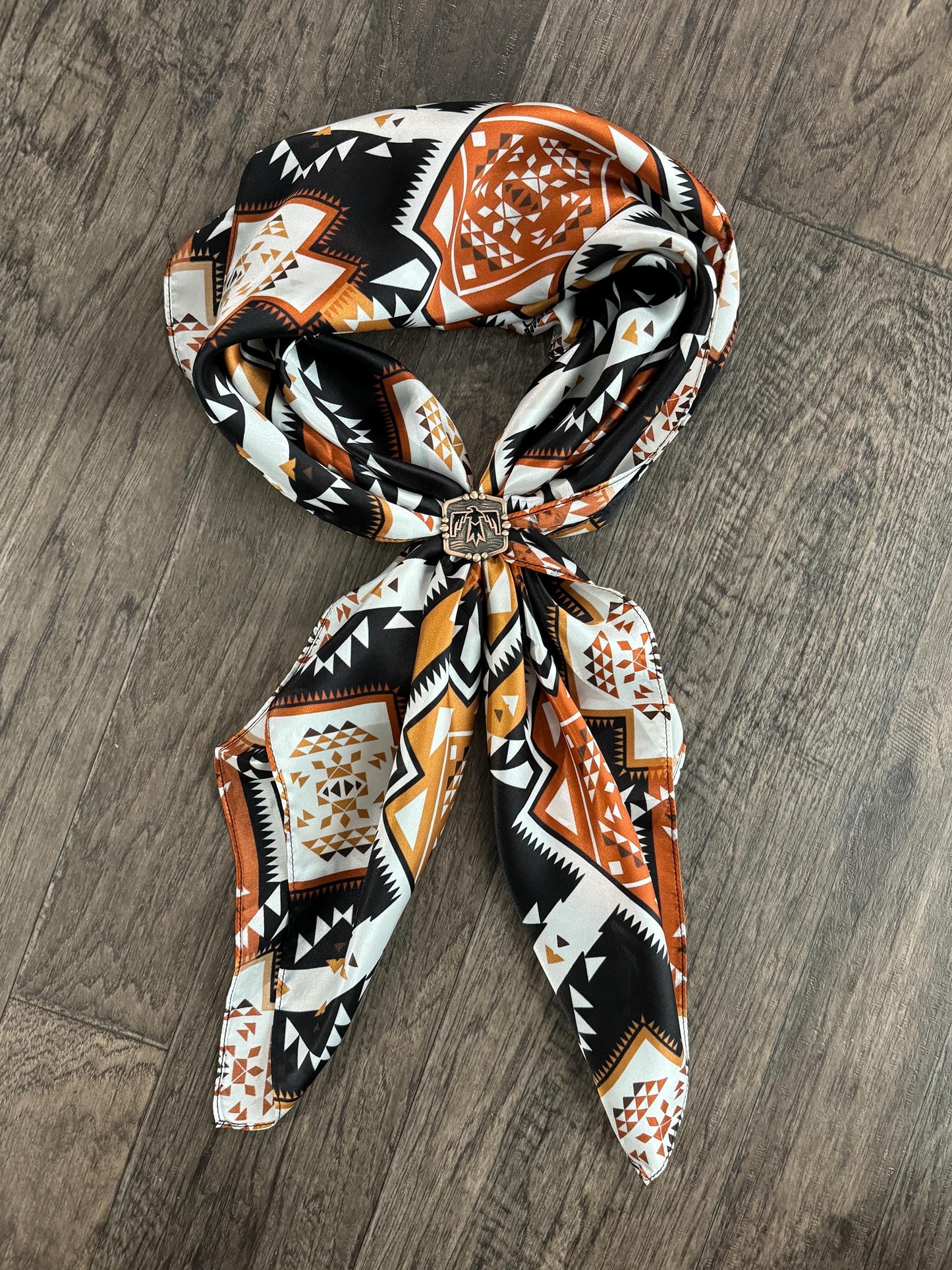 100% Silk Bandana Aztec inspired pattern of brown, black, and white