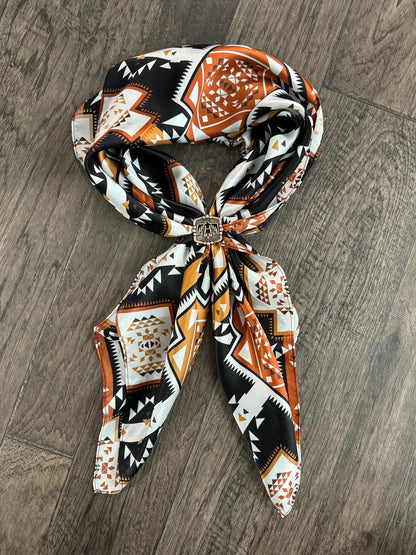 100% Silk Bandana Aztec inspired pattern of brown, black, and white