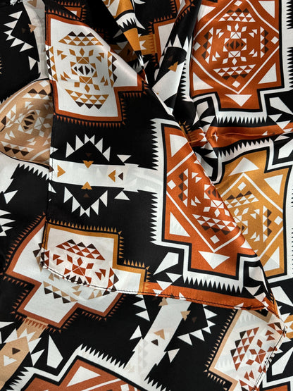 100% Silk Bandana Aztec inspired pattern of brown, black, and white