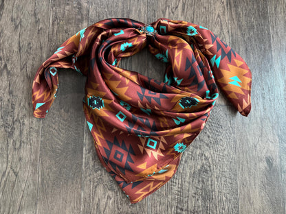 100% Silk Bandana Chestnut and Turquoise Aztec inspired