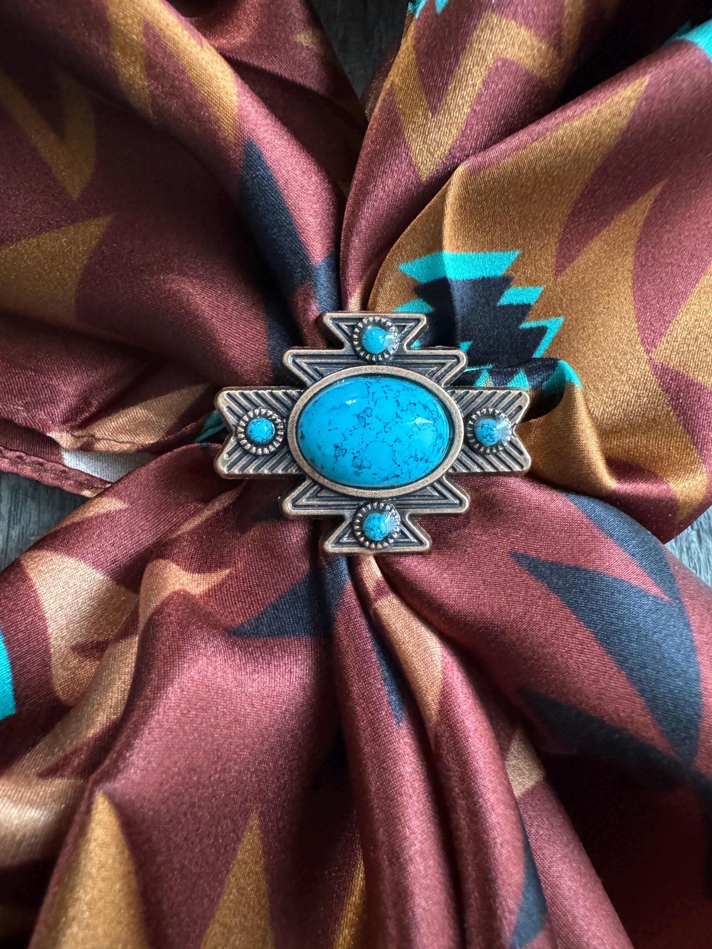 100% Silk Bandana Chestnut and Turquoise Aztec inspired