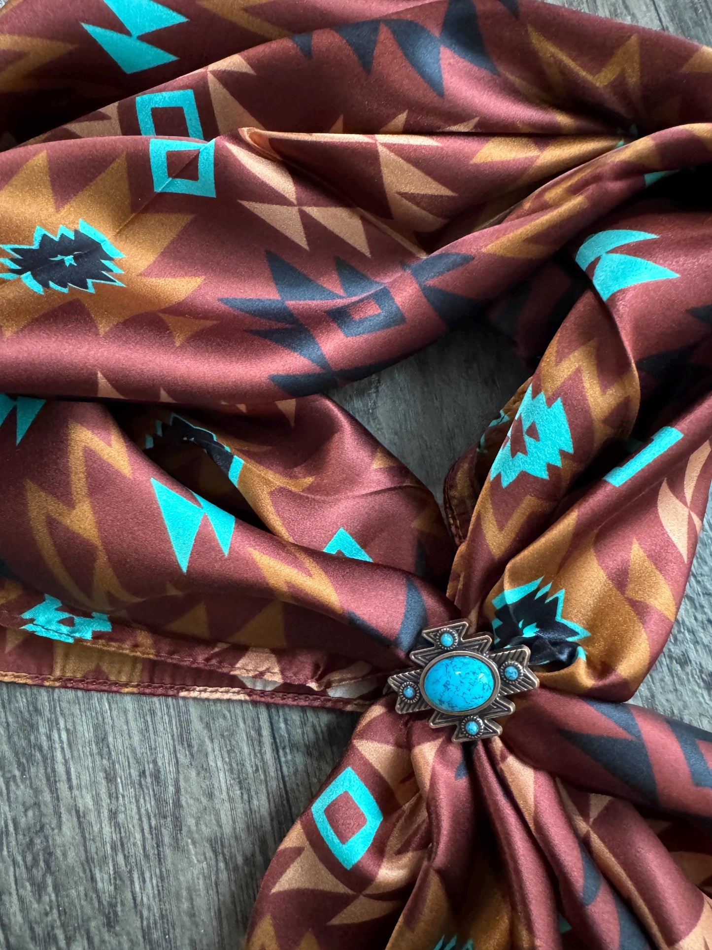 100% Silk Bandana Chestnut and Turquoise Aztec inspired