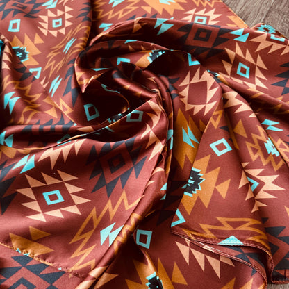 100% Silk Bandana Chestnut and Turquoise Aztec inspired