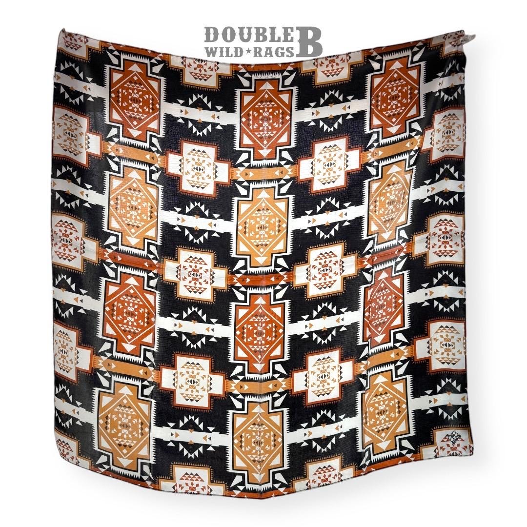 100% Silk Bandana Aztec inspired pattern of brown, black, and white