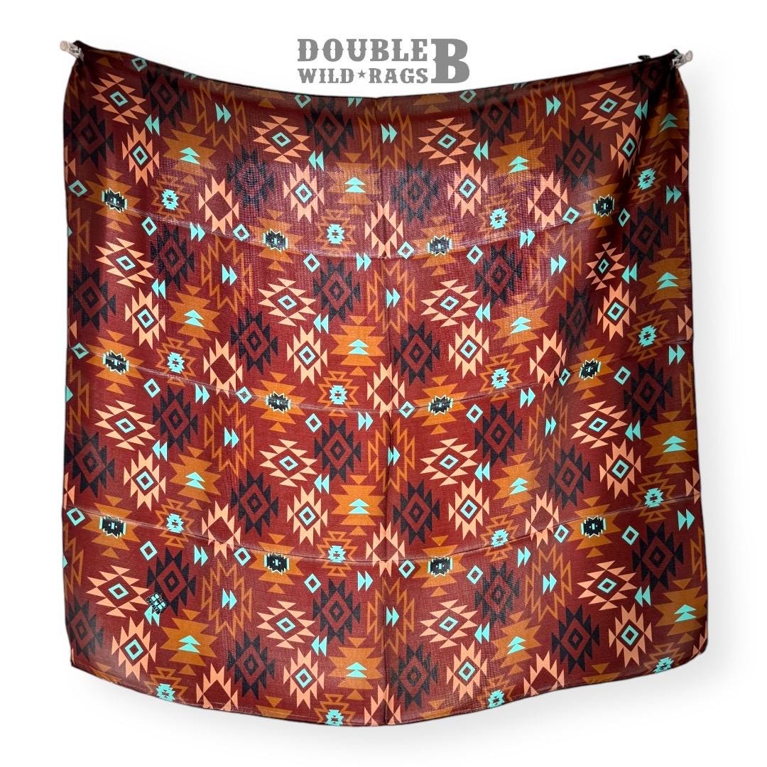 100% Silk Bandana Chestnut and Turquoise Aztec inspired