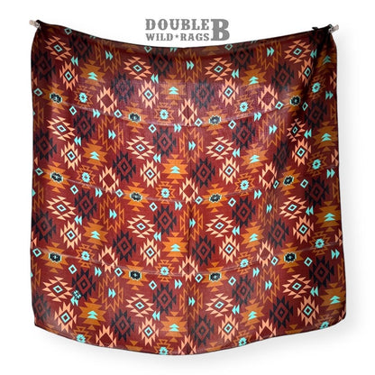 100% Silk Bandana Chestnut and Turquoise Aztec inspired