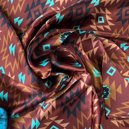 100% Silk Bandana Chestnut and Turquoise Aztec inspired