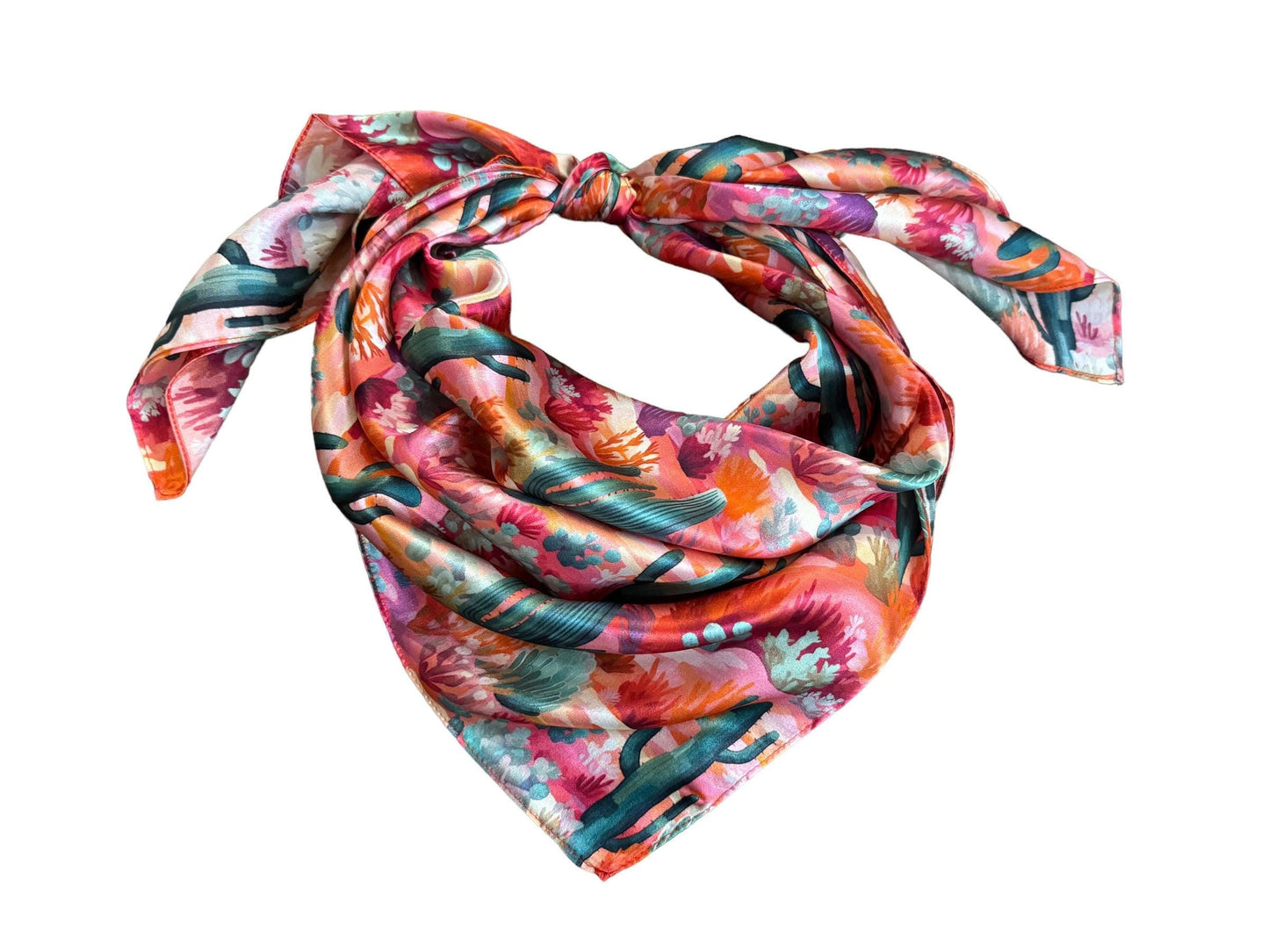 100% Silk Bandana Pink Purple Orange Green Cactus