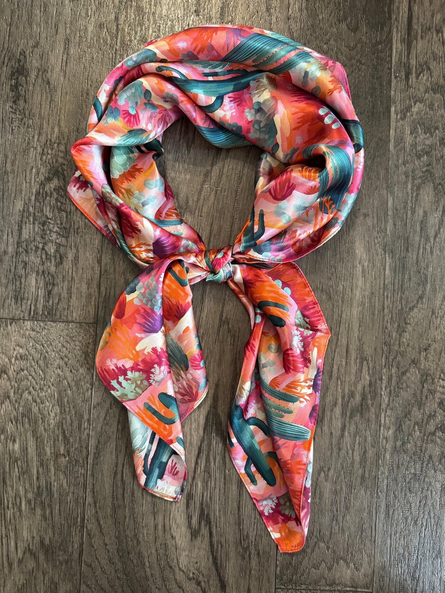 100% Silk Bandana Pink Purple Orange Green Cactus