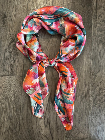 100% Silk Bandana Pink Purple Orange Green Cactus