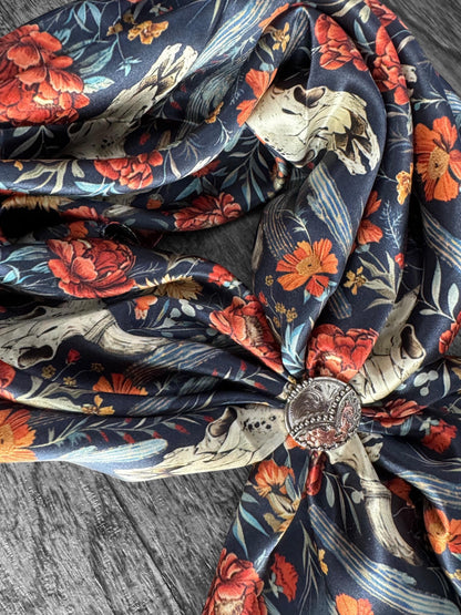 100% Silk Bandana Navy Blue Cow skulls and Cactus