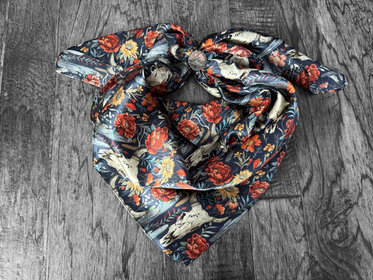 100% Silk Bandana Navy Blue Cow skulls and Cactus