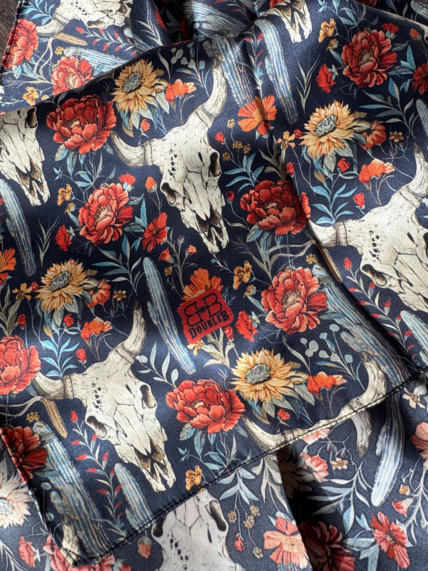 100% Silk Bandana Navy Blue Cow skulls and Cactus