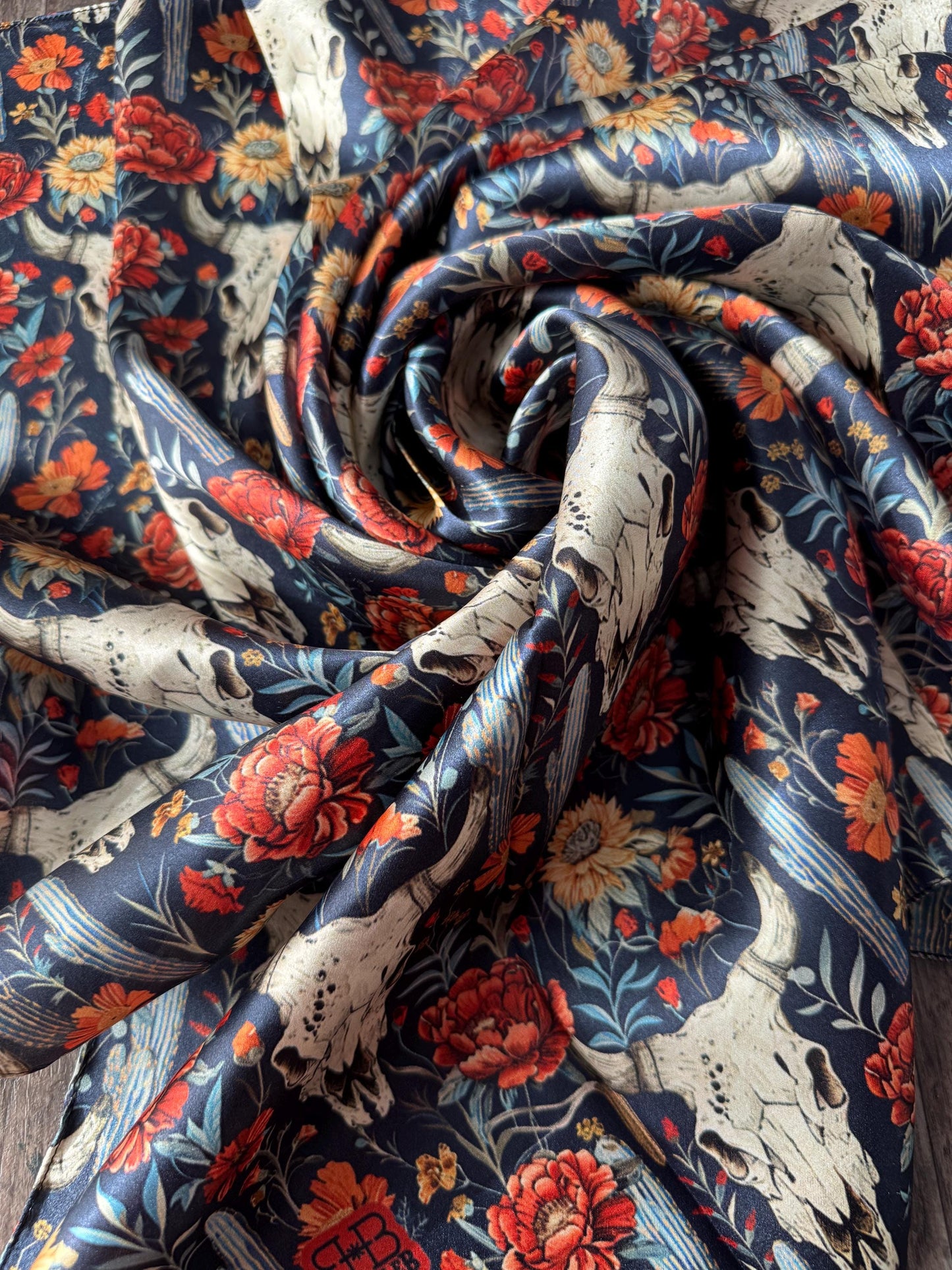 100% Silk Bandana Navy Blue Cow skulls and Cactus
