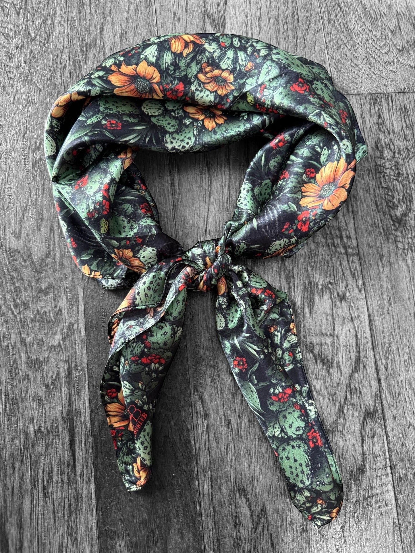 100% Silk Bandana Black Cactus Orange Floral