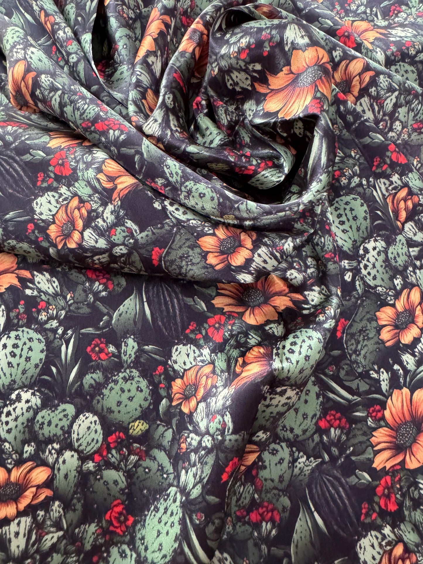 100% Silk Bandana Black Cactus Orange Floral