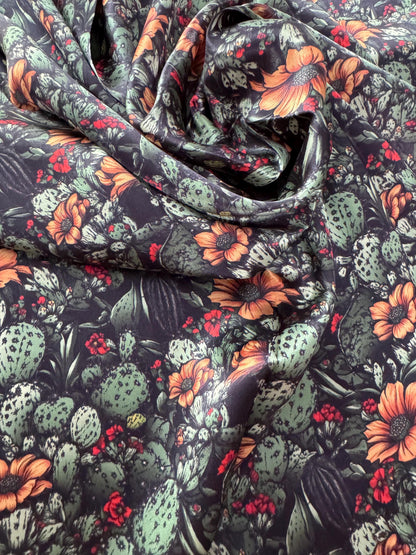 100% Silk Bandana Black Cactus Orange Floral