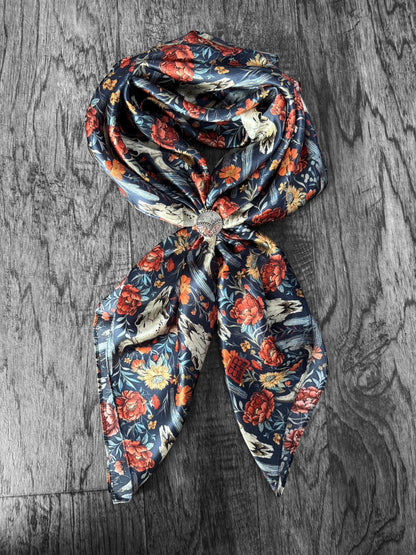 100% Silk Bandana Navy Blue Cow skulls and Cactus