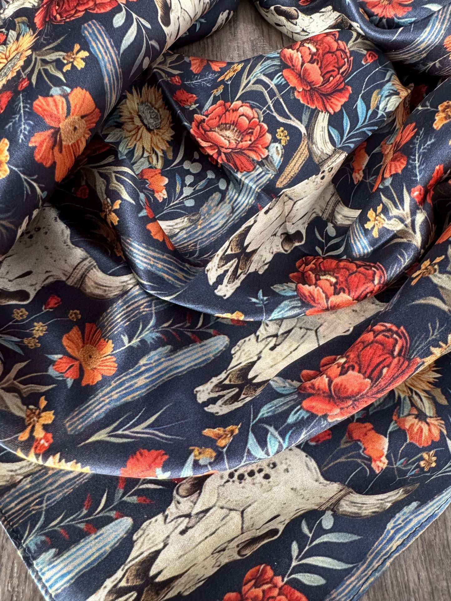 100% Silk Bandana Navy Blue Cow skulls and Cactus