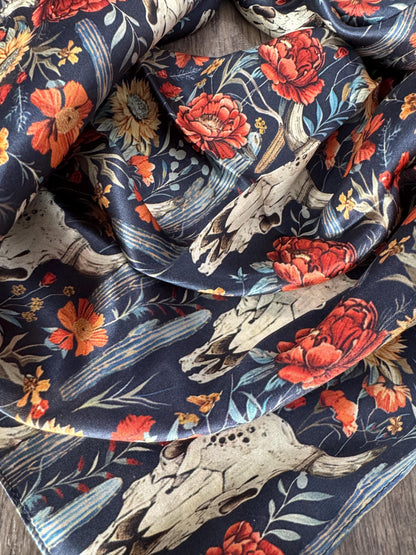 100% Silk Bandana Navy Blue Cow skulls and Cactus