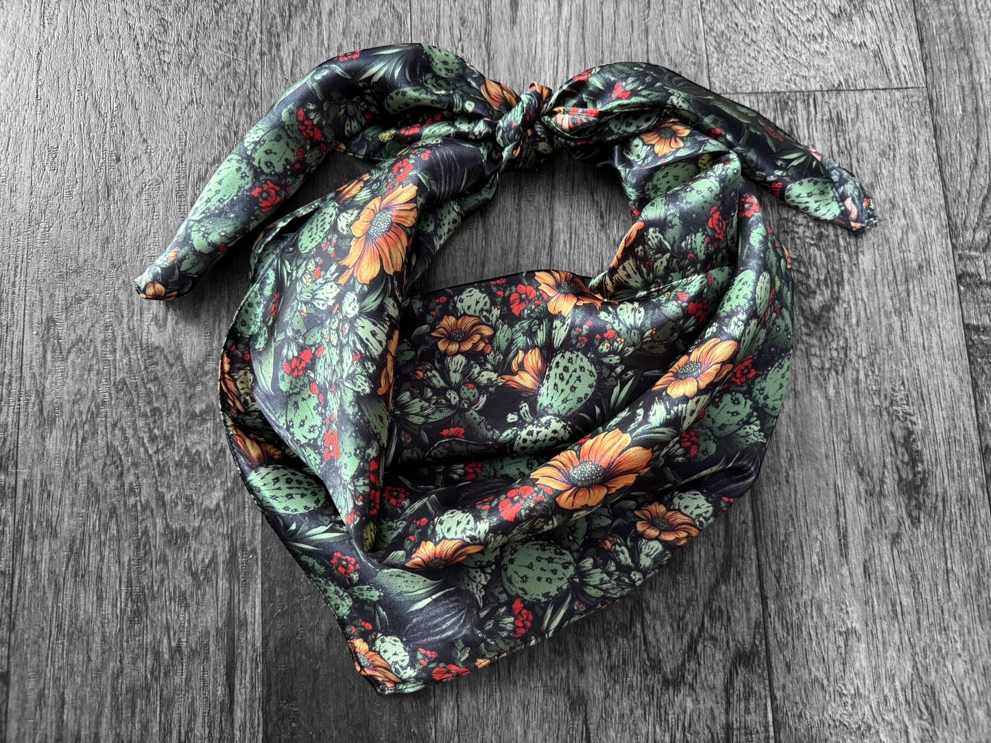 100% Silk Bandana Black Cactus Orange Floral
