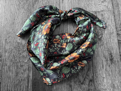 100% Silk Bandana Black Cactus Orange Floral