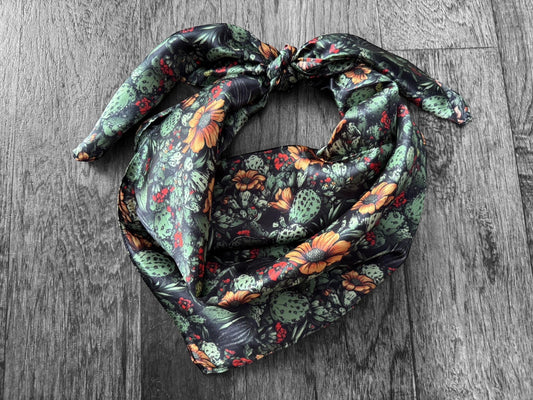 100% Silk Bandana Black Cactus Orange Floral